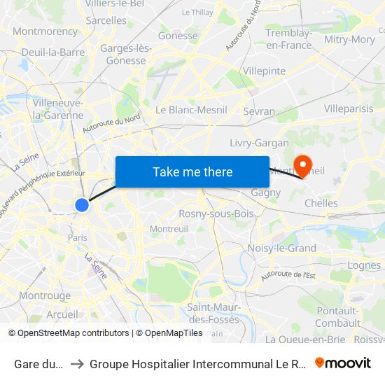 Gare du Nord to Groupe Hospitalier Intercommunal Le Raincy-Montfermeil map
