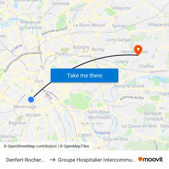 Denfert-Rochereau - Métro-Rer to Groupe Hospitalier Intercommunal Le Raincy-Montfermeil map