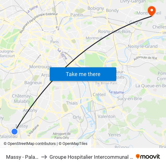 Massy - Palaiseau RER to Groupe Hospitalier Intercommunal Le Raincy-Montfermeil map