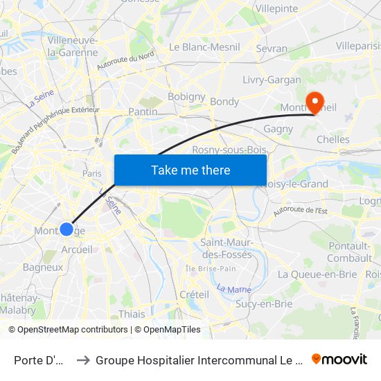 Porte D'Orléans to Groupe Hospitalier Intercommunal Le Raincy-Montfermeil map