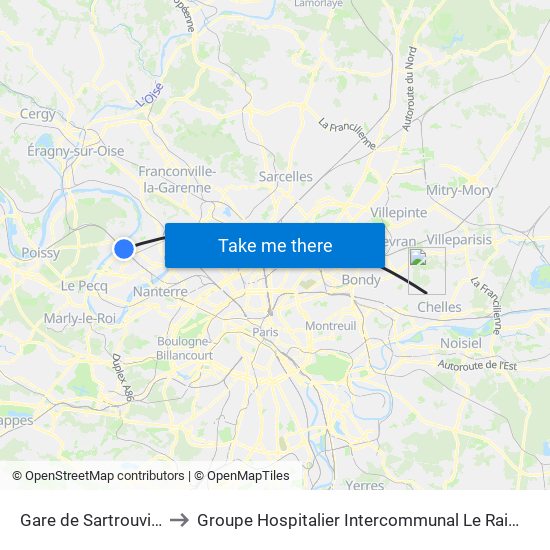 Gare de Sartrouville - RER to Groupe Hospitalier Intercommunal Le Raincy-Montfermeil map
