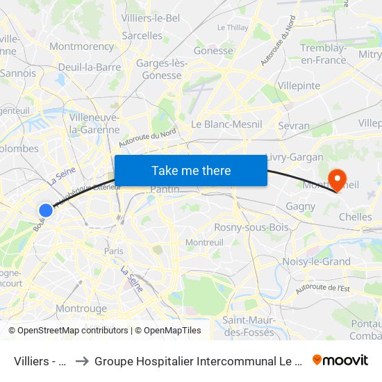 Villiers - Bineau to Groupe Hospitalier Intercommunal Le Raincy-Montfermeil map