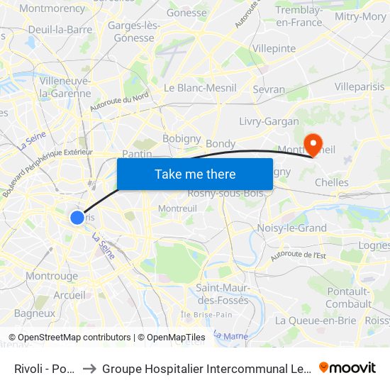 Rivoli - Pont Neuf to Groupe Hospitalier Intercommunal Le Raincy-Montfermeil map