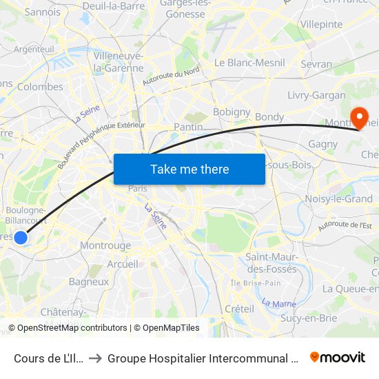 Cours de L'Ile Seguin to Groupe Hospitalier Intercommunal Le Raincy-Montfermeil map