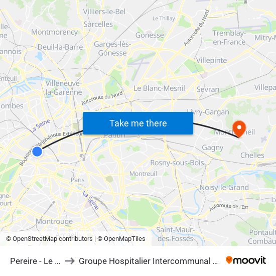 Pereire - Le Chatelier to Groupe Hospitalier Intercommunal Le Raincy-Montfermeil map