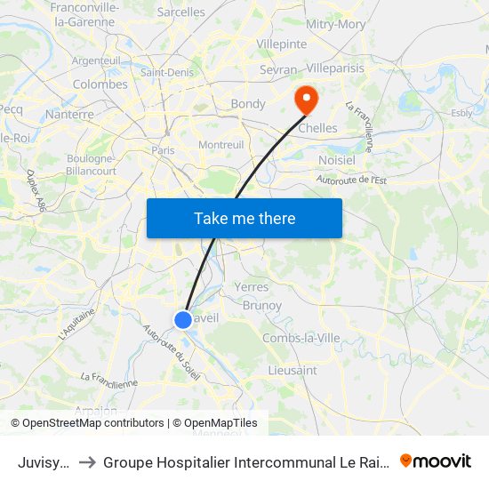 Juvisy RER to Groupe Hospitalier Intercommunal Le Raincy-Montfermeil map