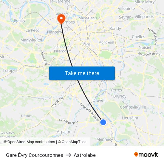 Gare Évry Courcouronnes to Astrolabe map