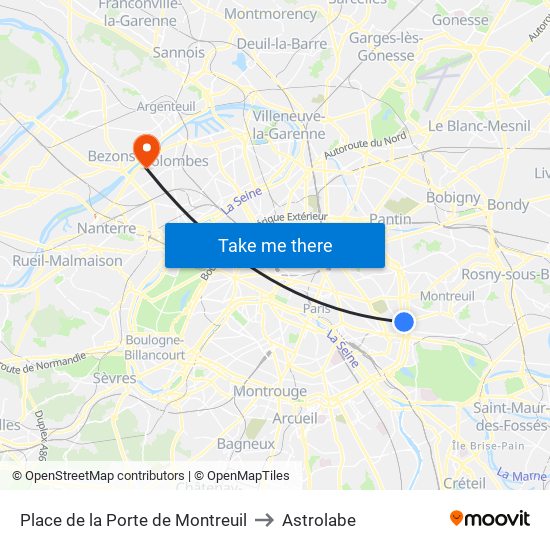 Place de la Porte de Montreuil to Astrolabe map