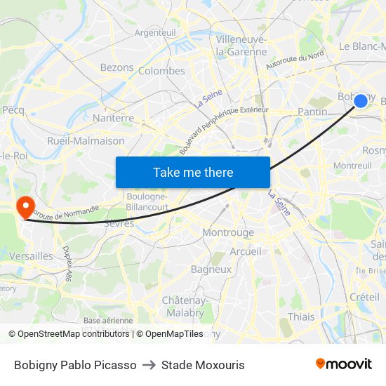 Bobigny Pablo Picasso to Stade Moxouris map