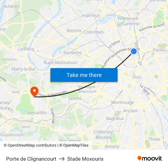 Porte de Clignancourt to Stade Moxouris map