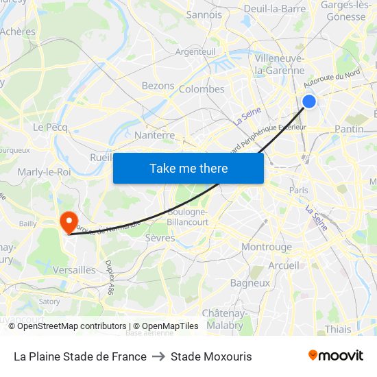 La Plaine Stade de France to Stade Moxouris map
