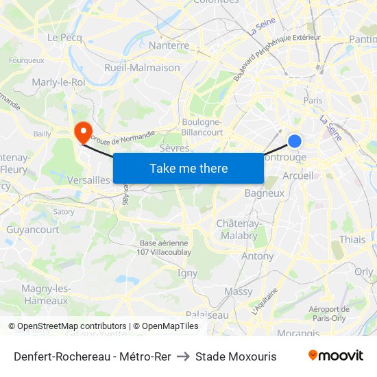 Denfert-Rochereau - Métro-Rer to Stade Moxouris map