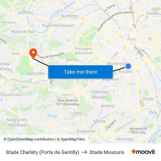 Stade Charléty (Porte de Gentilly) to Stade Moxouris map