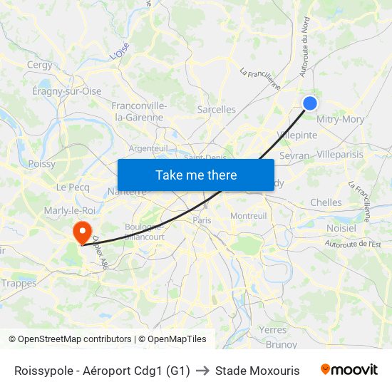 Roissypole - Aéroport Cdg1 (G1) to Stade Moxouris map