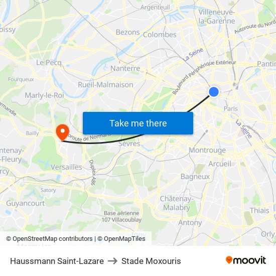 Haussmann Saint-Lazare to Stade Moxouris map
