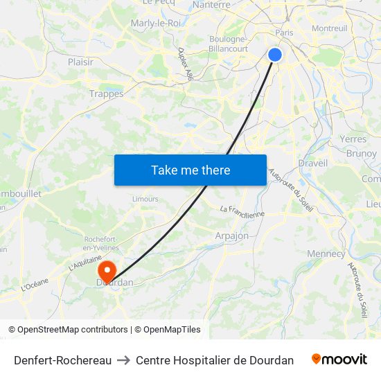 Denfert-Rochereau to Centre Hospitalier de Dourdan map