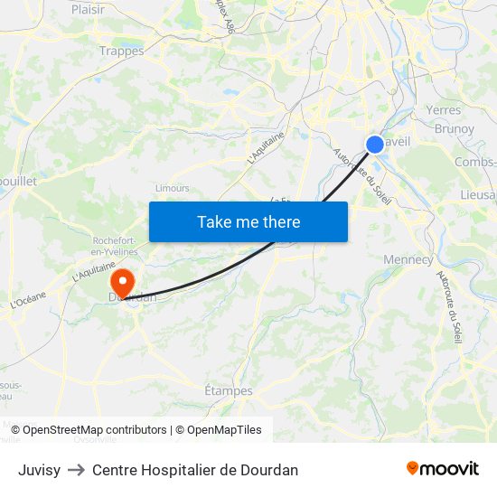 Juvisy to Centre Hospitalier de Dourdan map