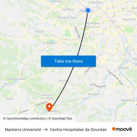 Nanterre Université to Centre Hospitalier de Dourdan map