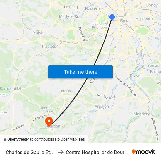 Charles de Gaulle Etoile to Centre Hospitalier de Dourdan map