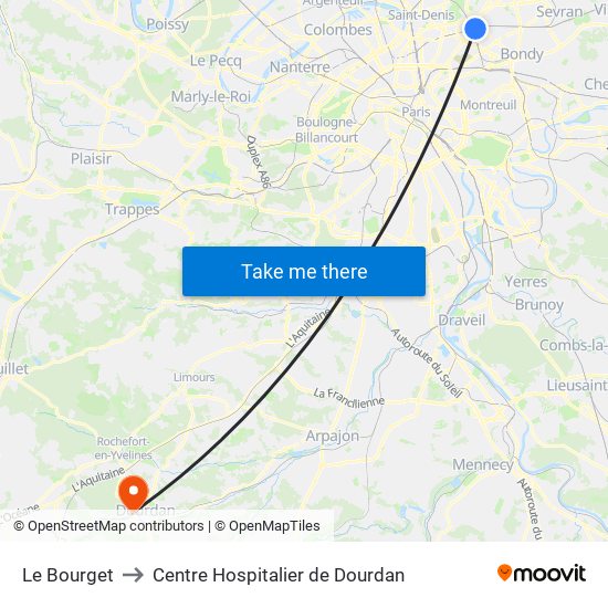 Le Bourget to Centre Hospitalier de Dourdan map