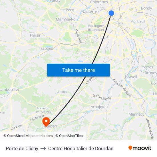 Porte de Clichy to Centre Hospitalier de Dourdan map