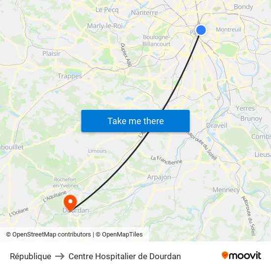 République to Centre Hospitalier de Dourdan map
