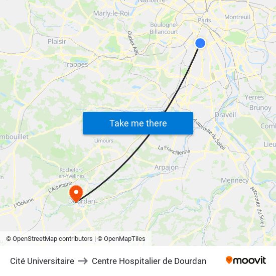 Cité Universitaire to Centre Hospitalier de Dourdan map