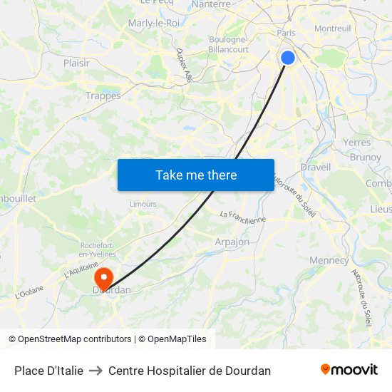 Place D'Italie to Centre Hospitalier de Dourdan map