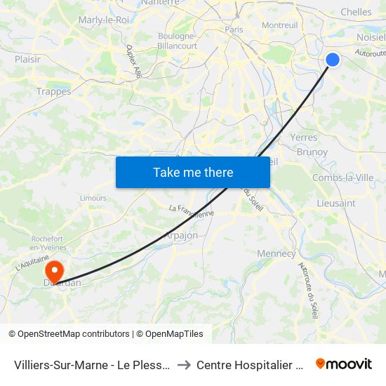 Villiers-Sur-Marne - Le Plessis-Trévise RER to Centre Hospitalier de Dourdan map