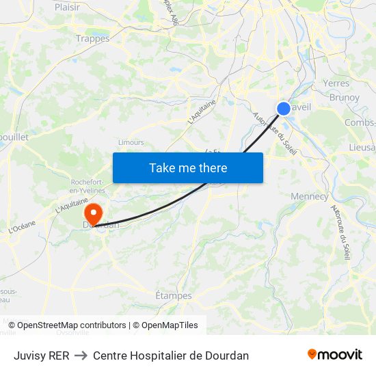 Juvisy RER to Centre Hospitalier de Dourdan map
