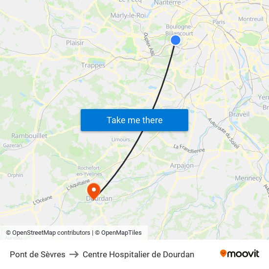 Pont de Sèvres to Centre Hospitalier de Dourdan map