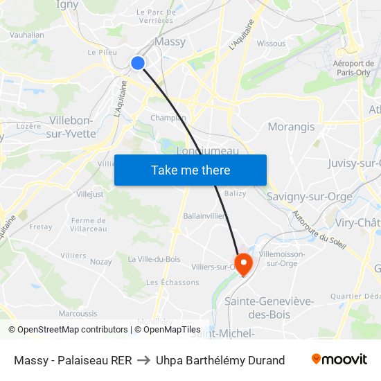 Massy - Palaiseau RER to Uhpa Barthélémy Durand map