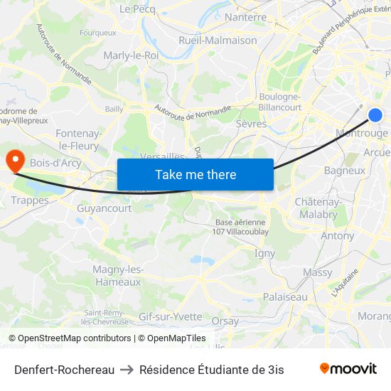 Denfert-Rochereau to Résidence Étudiante de 3is map