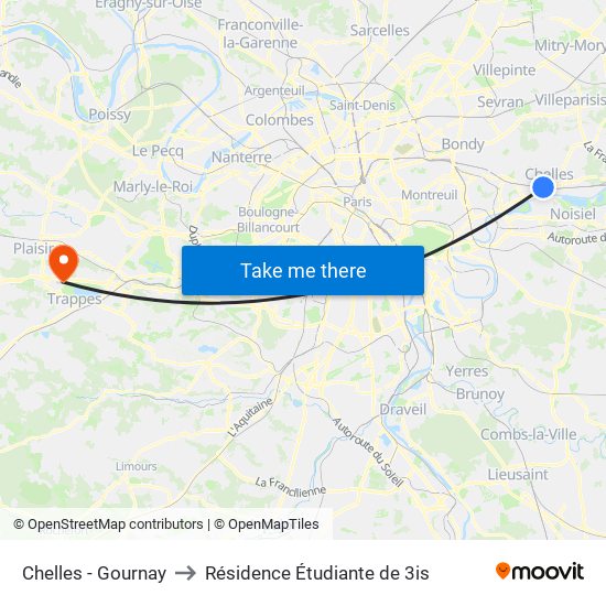 Chelles - Gournay to Résidence Étudiante de 3is map