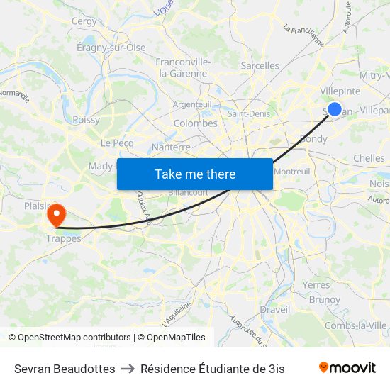 Sevran Beaudottes to Résidence Étudiante de 3is map