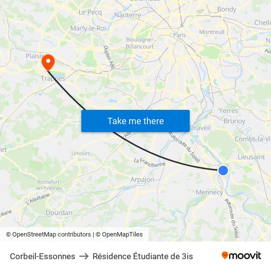 Corbeil-Essonnes to Résidence Étudiante de 3is map
