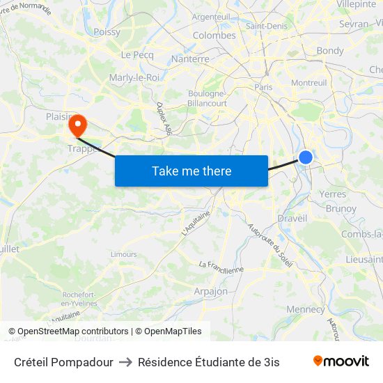 Créteil Pompadour to Résidence Étudiante de 3is map