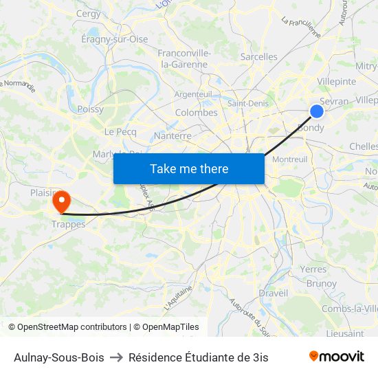 Aulnay-Sous-Bois to Résidence Étudiante de 3is map