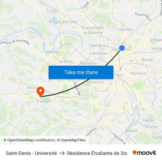 Saint-Denis - Université to Résidence Étudiante de 3is map