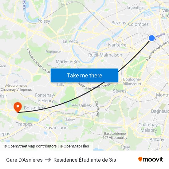 Gare D'Asnieres to Résidence Étudiante de 3is map