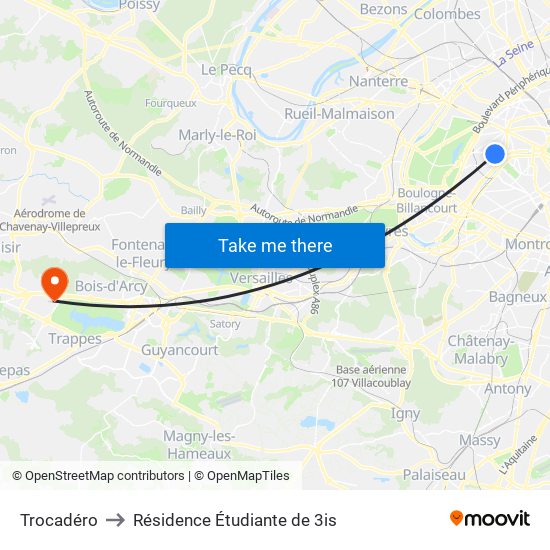 Trocadéro to Résidence Étudiante de 3is map
