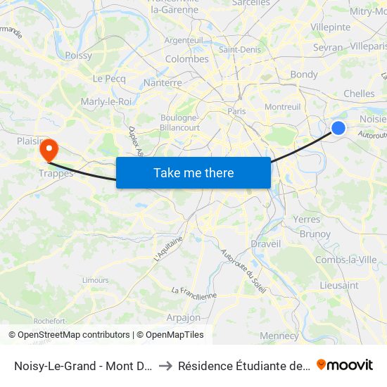 Noisy-Le-Grand - Mont D'Est to Résidence Étudiante de 3is map