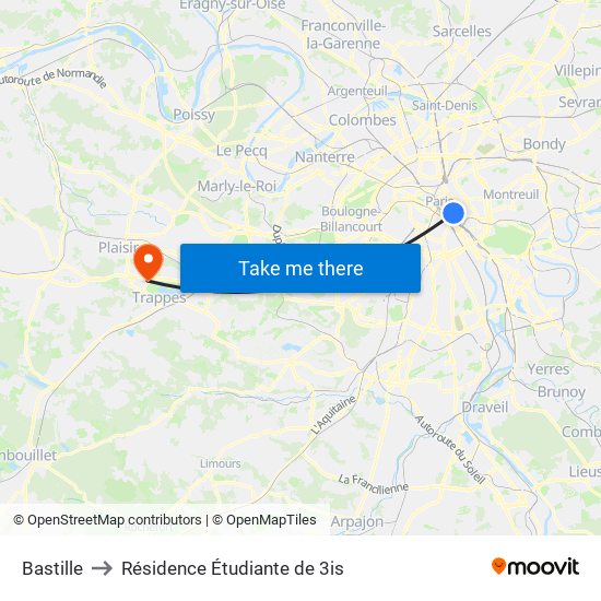 Bastille to Résidence Étudiante de 3is map