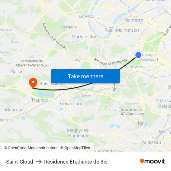 Saint-Cloud to Résidence Étudiante de 3is map