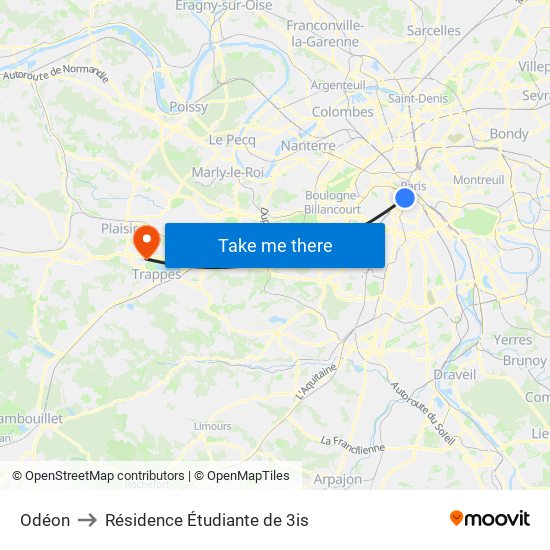 Odéon to Résidence Étudiante de 3is map