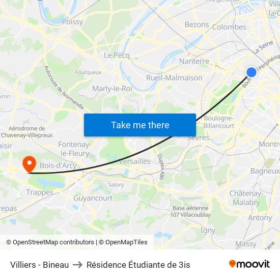 Villiers - Bineau to Résidence Étudiante de 3is map