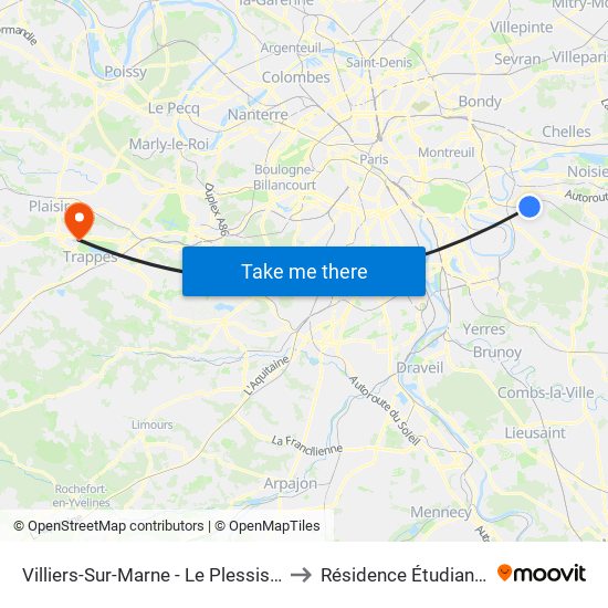 Villiers-Sur-Marne - Le Plessis-Trévise RER to Résidence Étudiante de 3is map