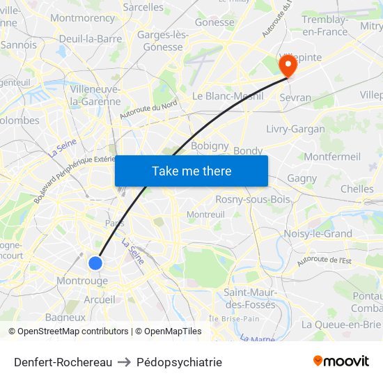 Denfert-Rochereau to Pédopsychiatrie map