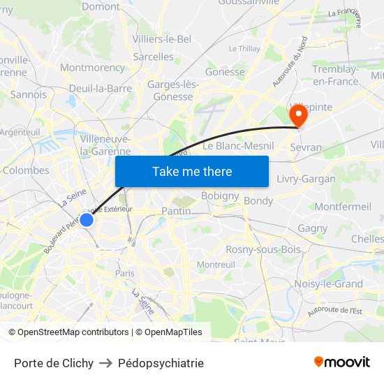 Porte de Clichy to Pédopsychiatrie map