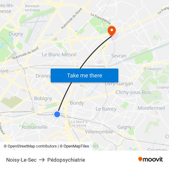 Noisy-Le-Sec to Pédopsychiatrie map